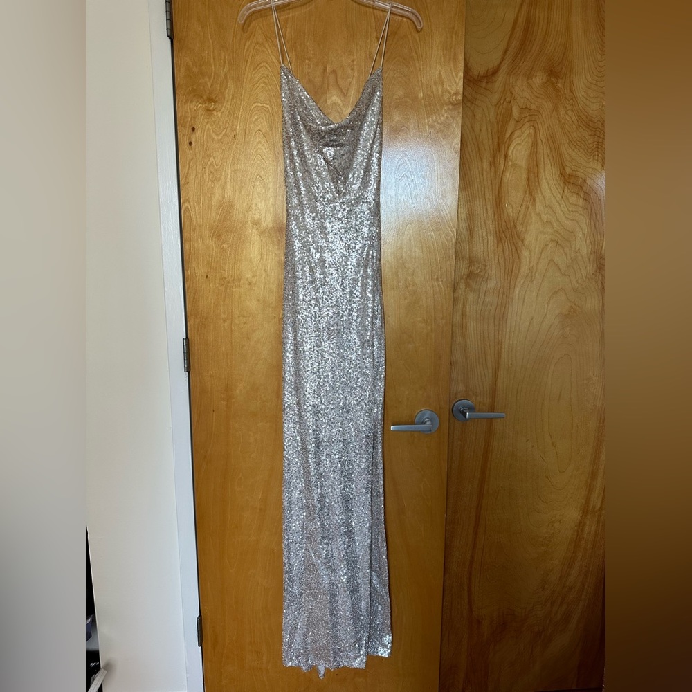 Windsor Cowl Neck Cross Back Champagne Sequin Gown